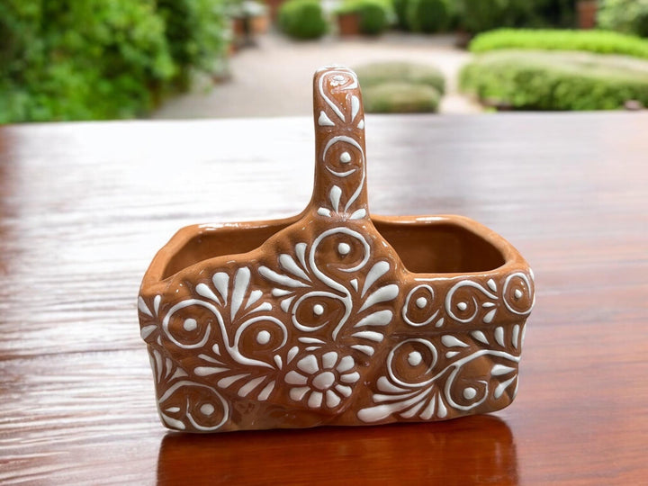 Hand Painted Talavera Brown and White Heart Basket Planter Pot — Assorted Designs