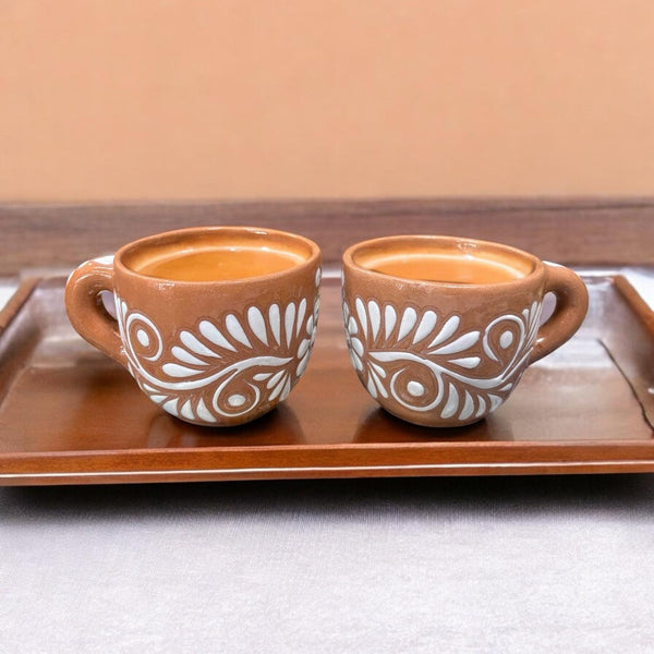 Rustic Hand Painted Mexican Talavera Brown and White Mug – Set of 2