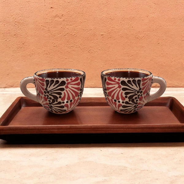 Hand Painted Mexican Talavera Black and Red Small Coffee Mug – Set of 2