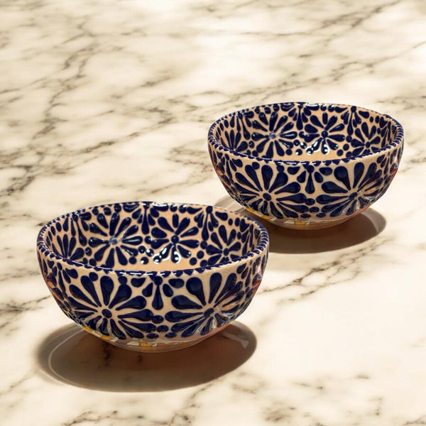 Hand Painted Talavera Beige and Dark Blue Bowl – Set of 2