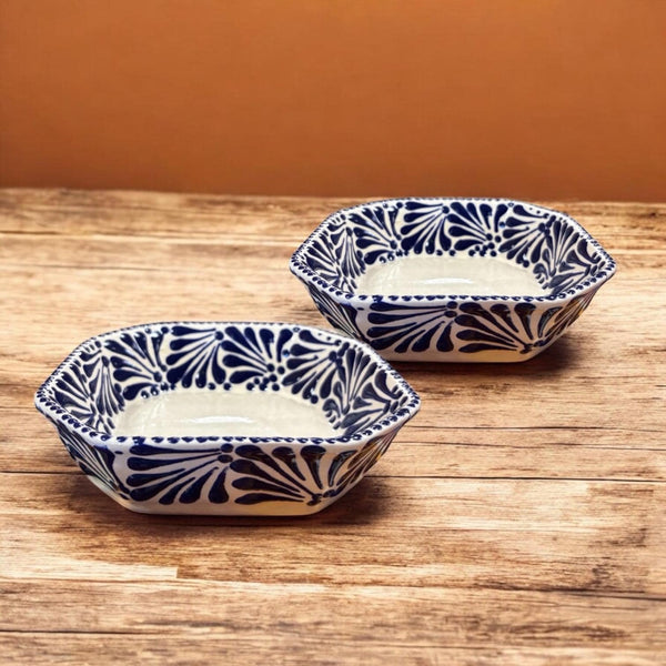 Handmade Talavera White and Dark Blue Octagonal Bowls – Set of 2