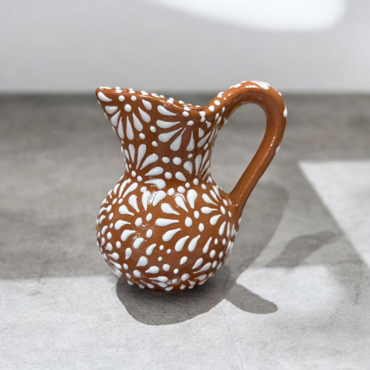 Handmade Mexican Talavera Mini Creamer Pitcher in Brown and White