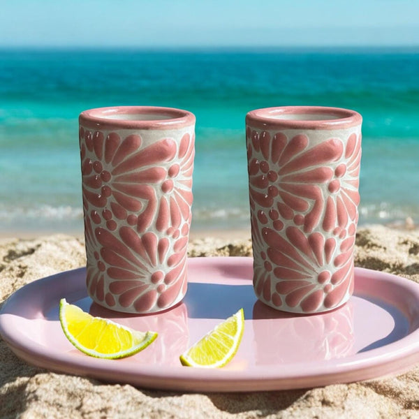 Talavera Traditional White and Pink Shot Glasses “Tequilero” – Set of 2