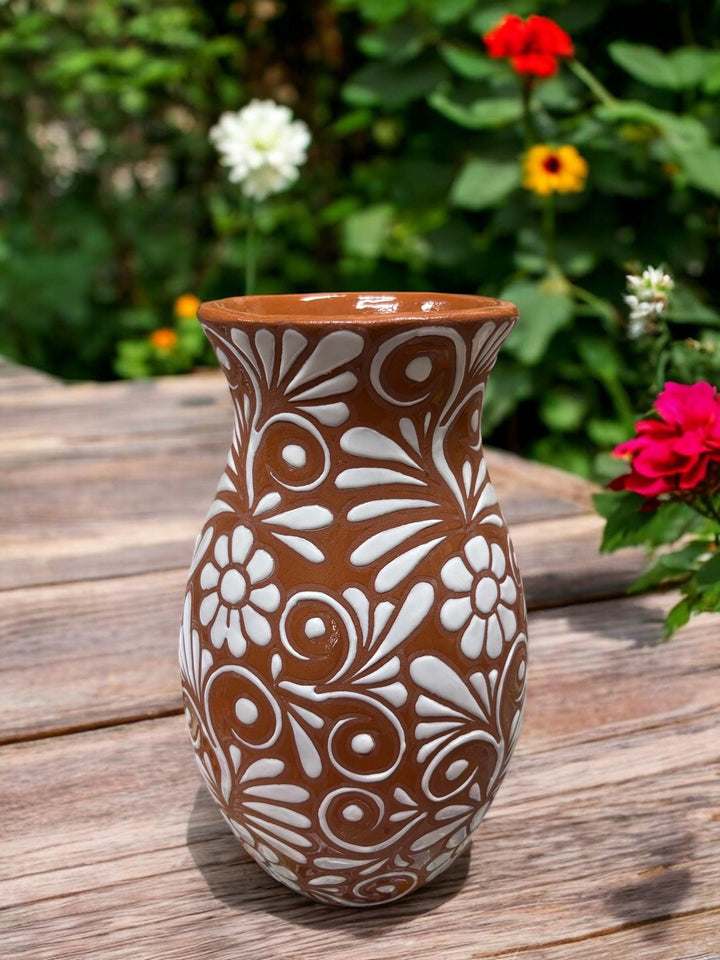 Hand Painted Talavera Dark Brown and White Vase – Assorted Designs