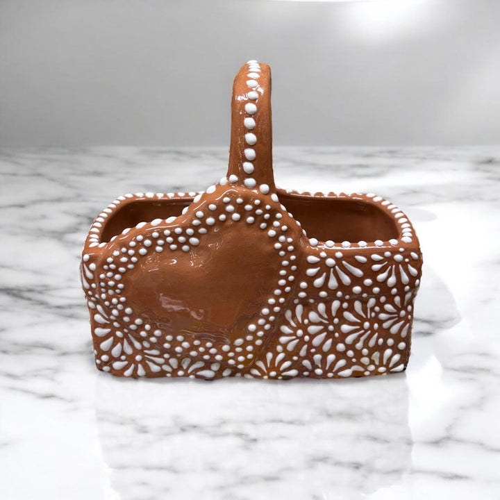 Hand Painted Talavera Brown and White Heart Basket Planter Pot — Assorted Designs