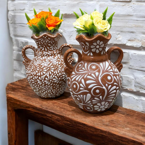 Hand Painted Mexican Talavera Brown and White Rustic Scalloped Rim Vase — Assorted Designs