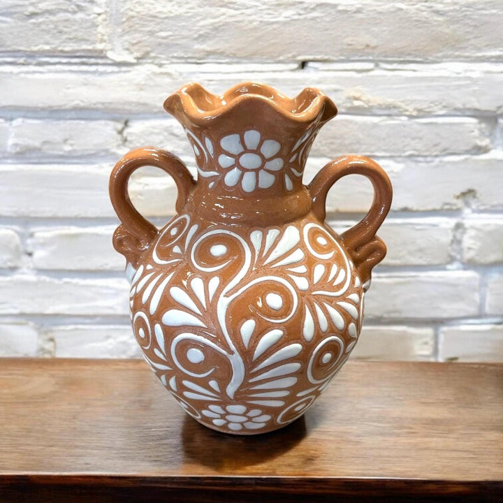 Hand Painted Mexican Talavera Brown and White Scalloped Rim Vase — Assorted Designs