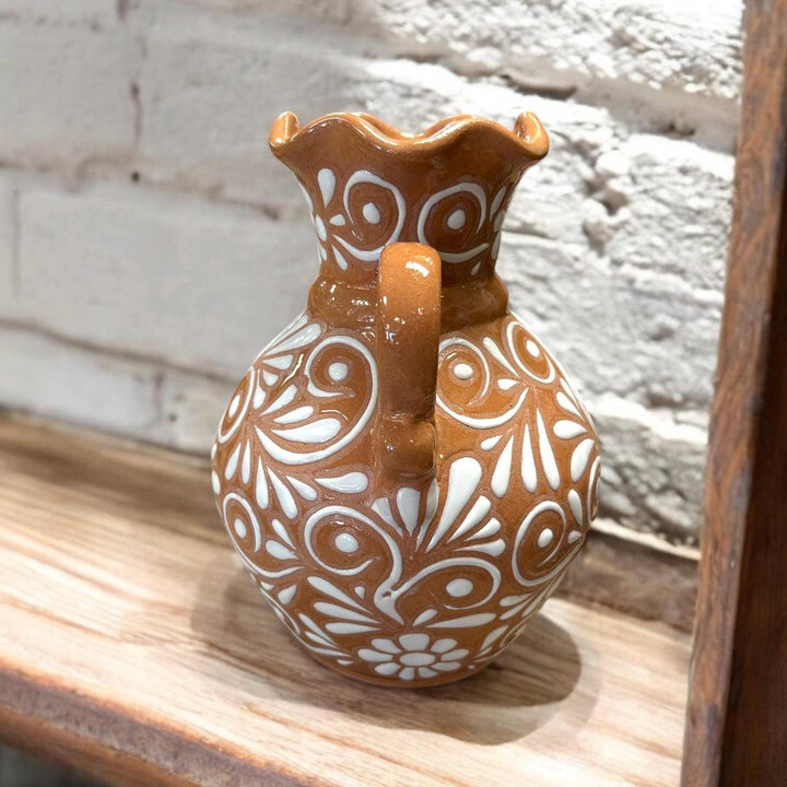 Hand Painted Mexican Talavera Brown and White Scalloped Rim Vase — Assorted Designs