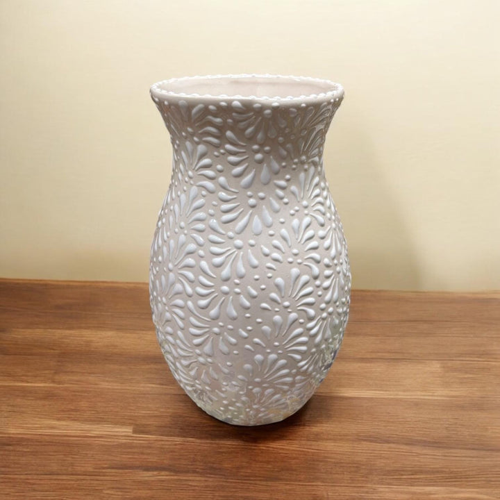 Hand Painted Ivory and White Talavera Flower Vase