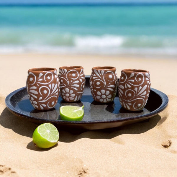Hand Painted Talavera Brown Rounded Shot Glass “Tequilero” – Select Your Amount