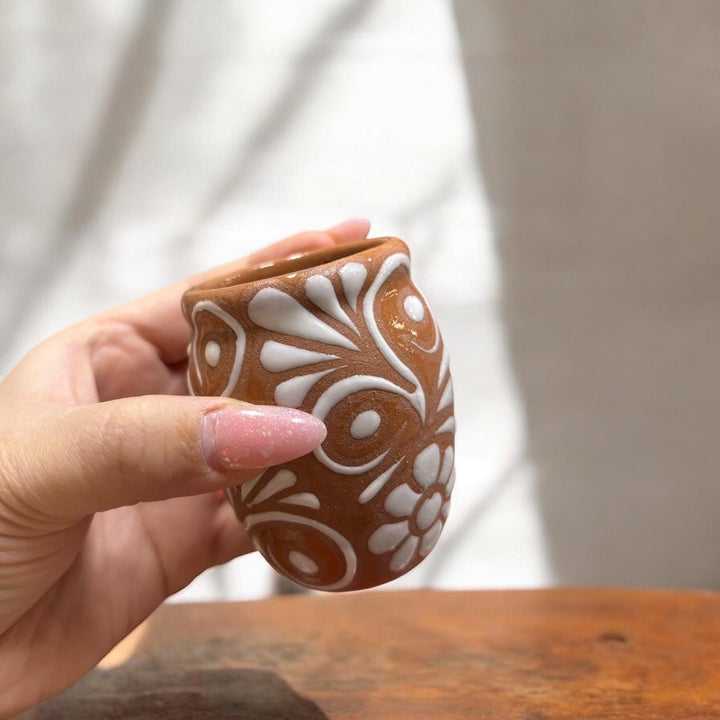 Hand Painted Talavera Brown Rounded Shot Glass “Tequilero” – Select Your Amount