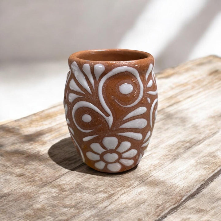 Hand Painted Talavera Brown Rounded Shot Glass “Tequilero” – Select Your Amount