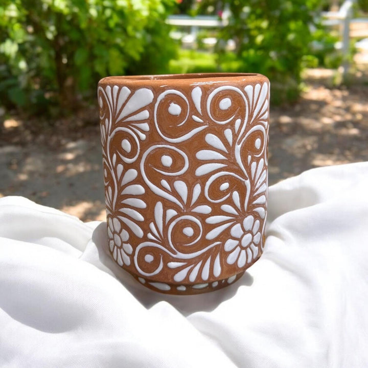 Hand Painted Mexican Talavera Brown and White Small Cylinder Planter