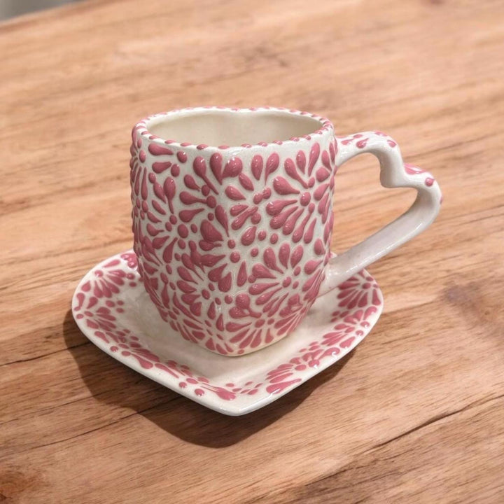 Hand Painted Talavera White and Pink Heart Tea Cup and Heart Saucer Set