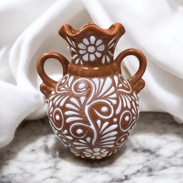 Hand Painted Talavera Brown and White Rustic Scalloped Rim Floral Vase