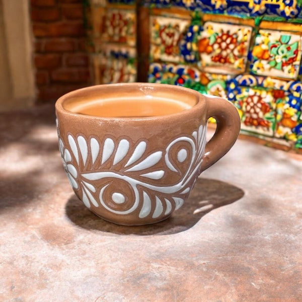 Rustic Hand Painted Mexican Talavera Light Brown and White Mug