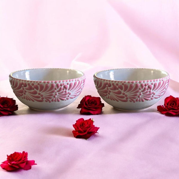 Hand Painted Talavera Traditional White and Pink Bowl