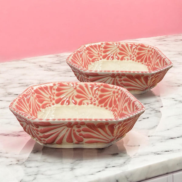 Handpainted Talavera White and Pink Octagonal Bowls – Set of 2