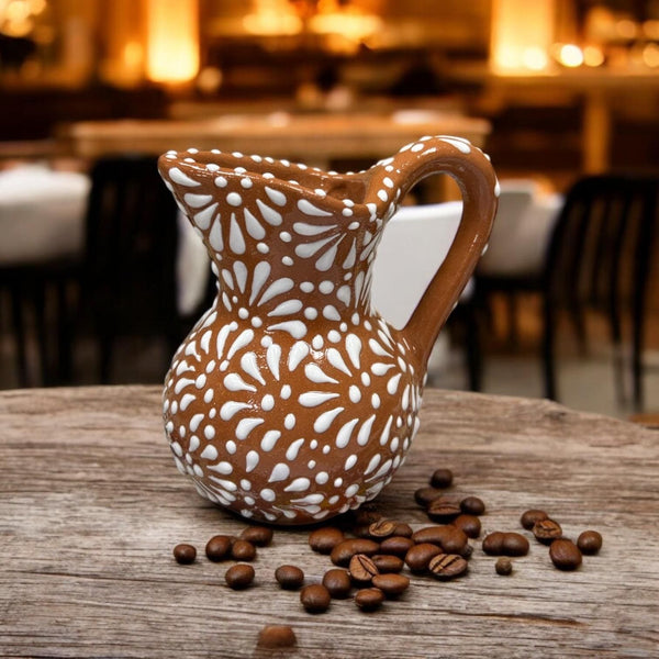 Handmade Mexican Talavera Mini Creamer Pitcher in Brown and White