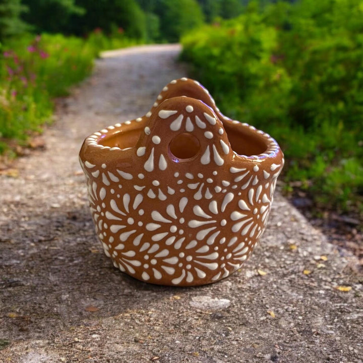 Hand Painted Talavera Brown and White Mini Basket Planter Pot