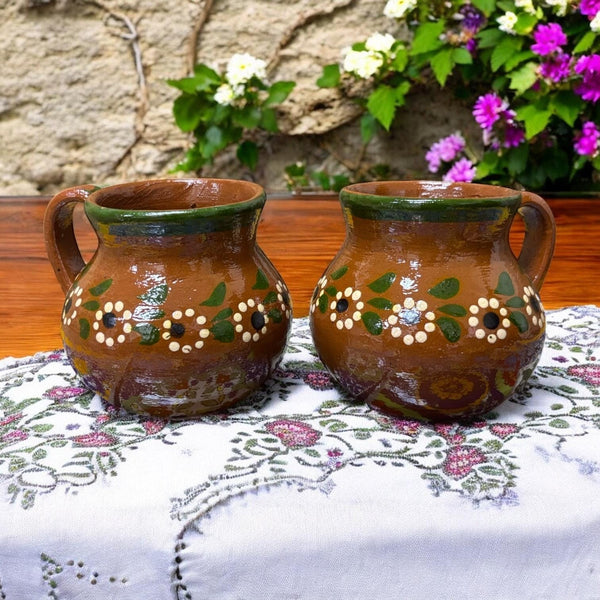 Handmade Mexican Brown Clay Floral Jarrito Mug – Set of 2