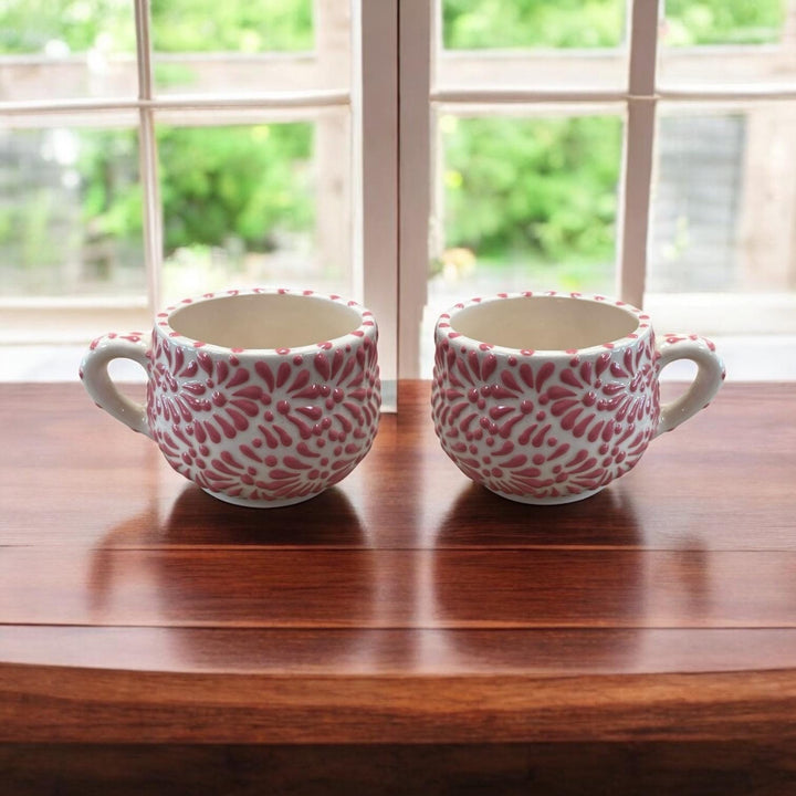 Hand Painted Talavera White and Pink Small Mug – Set of 2 Mugs