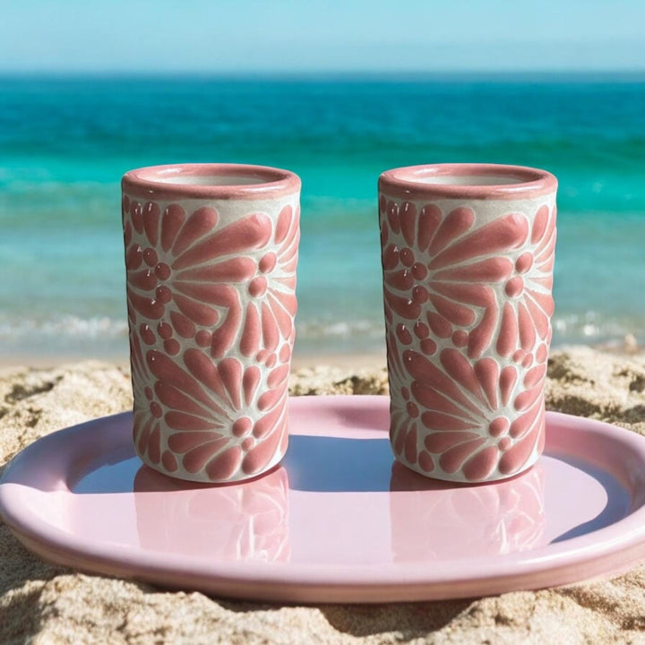 Talavera Traditional White and Pink Shot Glasses “Tequilero” – Set of 2