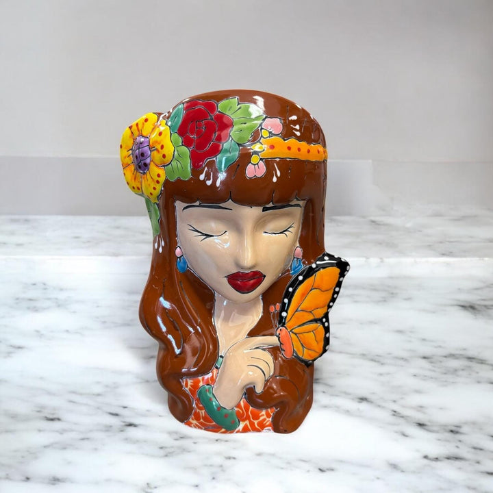 Beautiful Hand Painted Talavera Light Hair Woman Head Bust Planter Pot – Assorted Designs