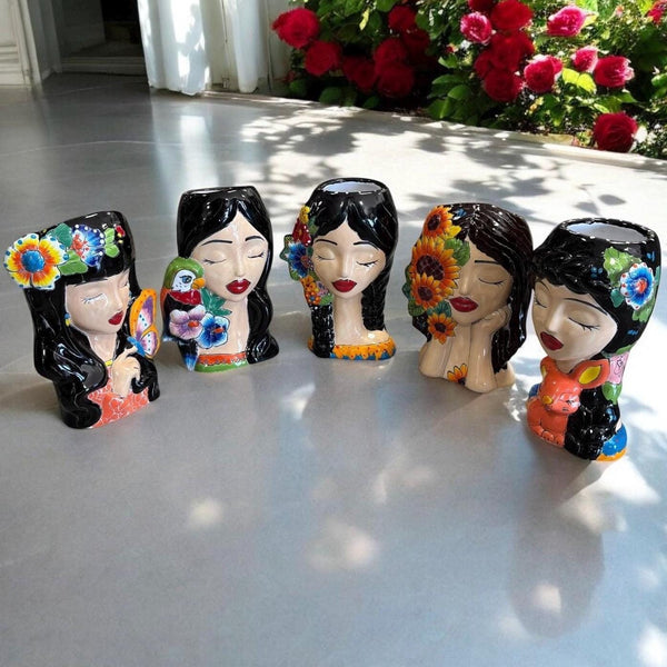 Beautiful Hand Painted Talavera Dark Hair Woman Head Bust Planter Pot – Assorted Designs