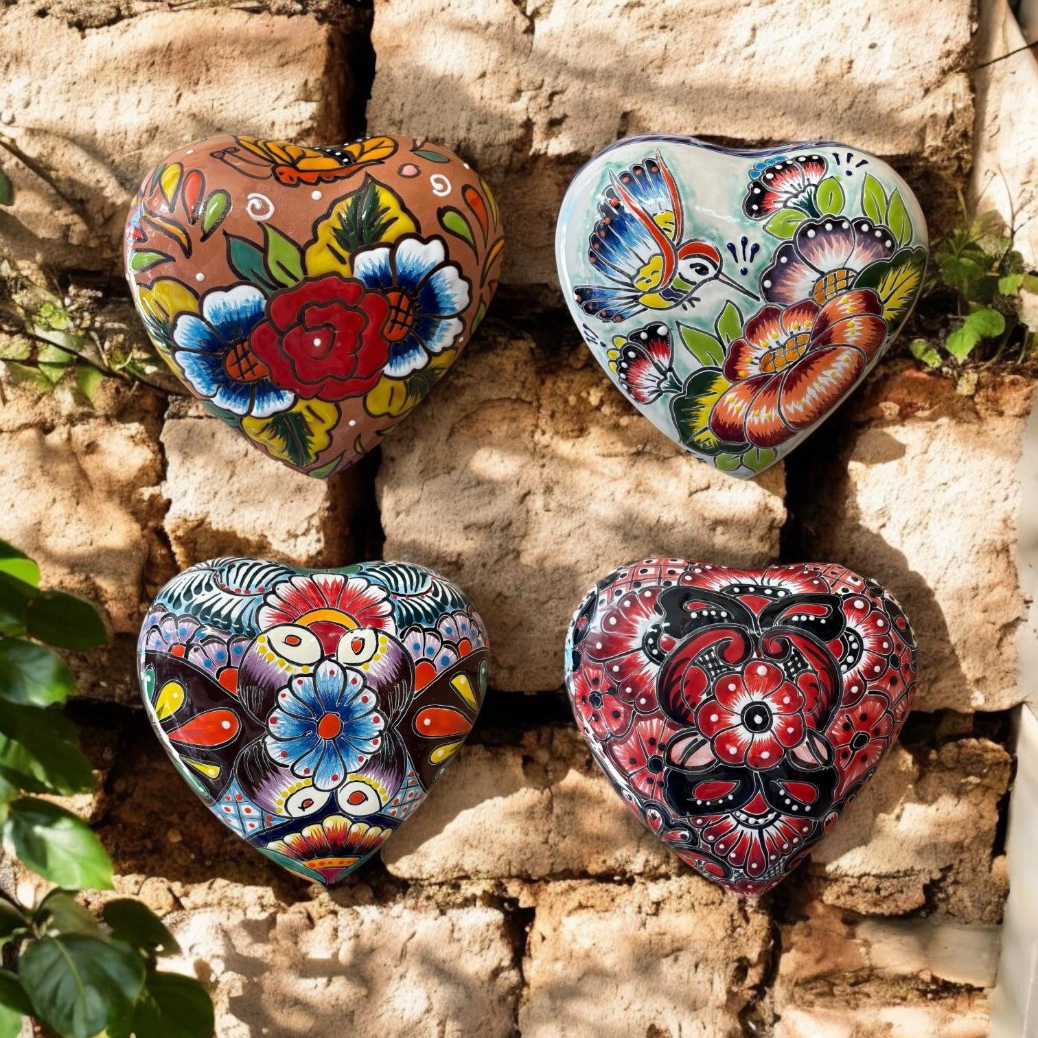 Beautiful Hand Painted Talavera Heart Garden Stone Wall Decor – Assorted Designs