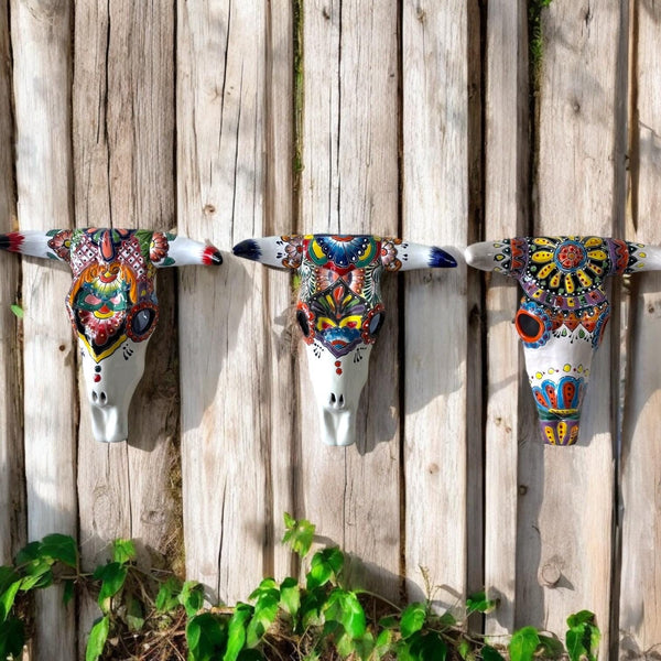 Hand Painted Talavera Rustic Bull Skull Garden Wall Decor – Assorted Designs