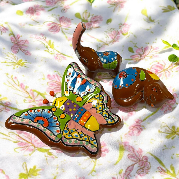 Cute Handpainted Mexican Talavera Mini Brown Animal Kingdom Figure Set – Butterfly, Elephant, Cat