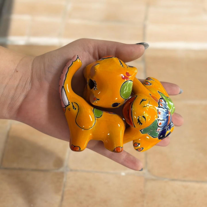 Cute Handpainted Mexican Talavera Mini Yellow Animal Kingdom Figure Set – Elephant, Cat, Ladybug, Frog, Grasshopper, Pig