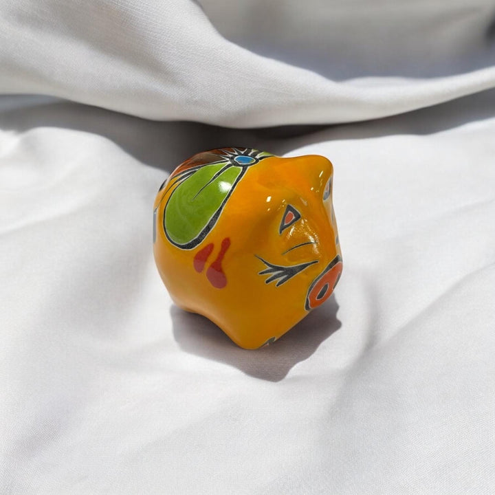 Cute Handpainted Mexican Talavera Mini Yellow Animal Kingdom Figure Set – Elephant, Cat, Ladybug, Frog, Grasshopper, Pig