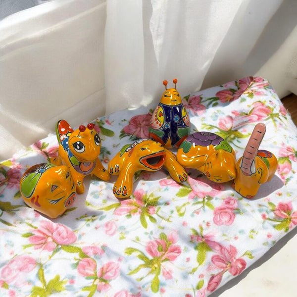 Cute Handpainted Mexican Talavera Mini Yellow Animal Kingdom Figure Set – Elephant, Cat, Ladybug, Frog, Grasshopper, Pig