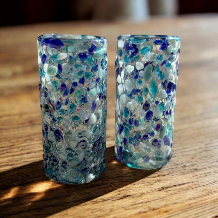 Hand Blown Mexican Blue & White Sheen Iridescent Shot Glass “Tequilero Estilo Océano” – Assorted Quantities