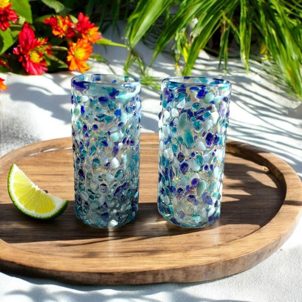 Hand Blown Mexican Blue & White Sheen Iridescent Shot Glass “Tequilero Estilo Océano” – Assorted Quantities