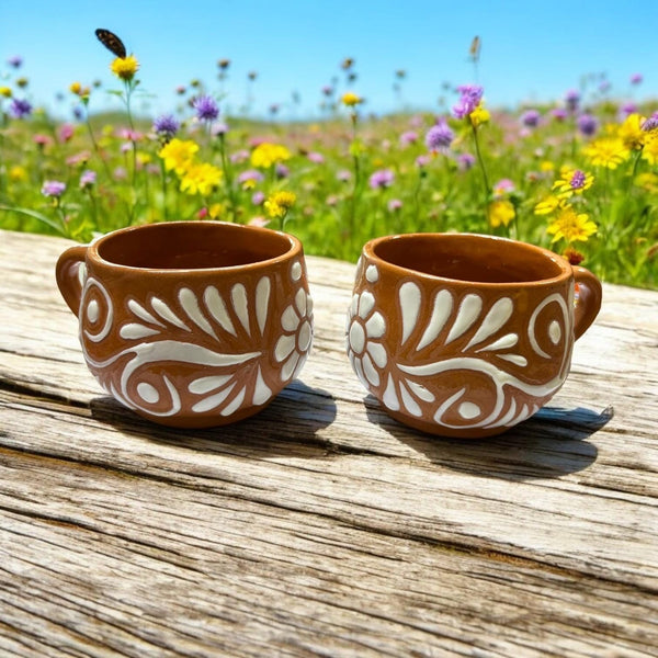 Rustic Hand Painted Mexican Talavera Brown and White Mug – Set of 2