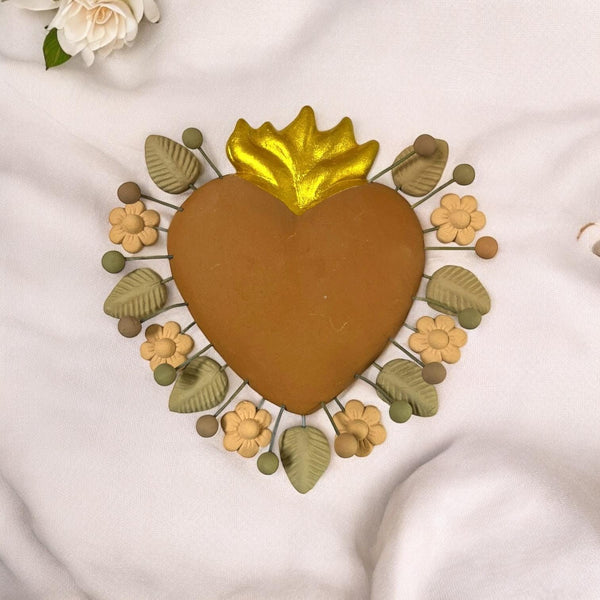 Handmade Rustic Mexican Folkart Small Brown Clay Heart (Corazón Sagrado Inspired) – Gold Flame
