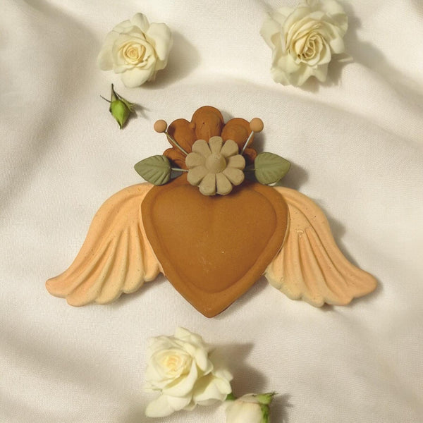 Handmade Rustic Mexican Folkart Small Winged Brown Clay Heart