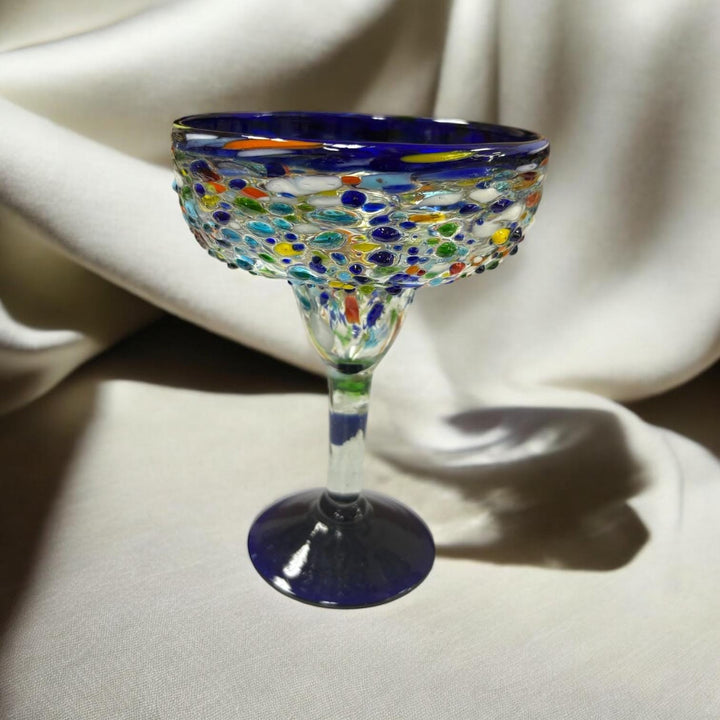 Hand Blown Mexican Colorful Pebble Blue Rim Margarita Glass “Copa Margarita de Piedritas” (Set of 2)