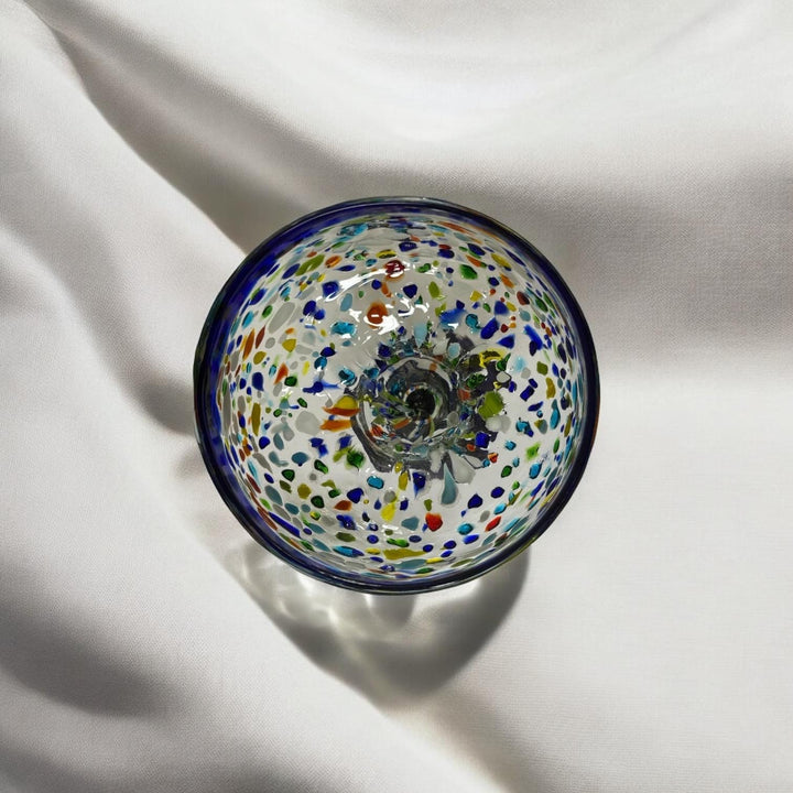 Hand Blown Mexican Colorful Pebble Blue Rim Margarita Glass “Copa Margarita de Piedritas” (Set of 2)