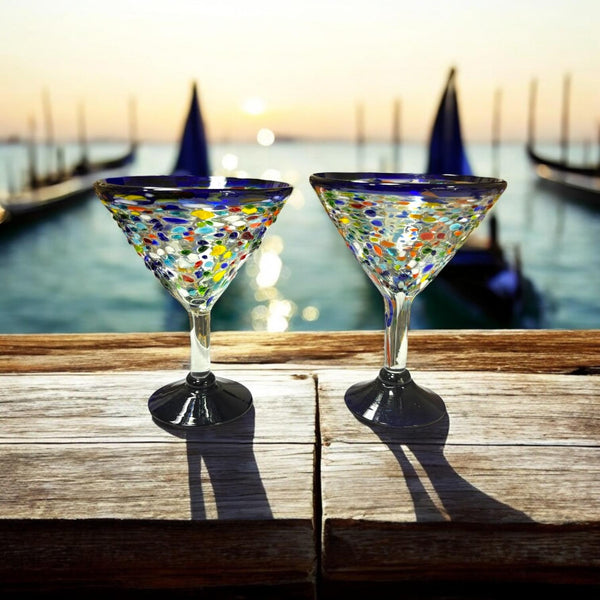 Hand Blown Mexican Colorful Pebble Blue Rim Martini Glass “Copa Martini de Piedritas” – Assorted Quantities