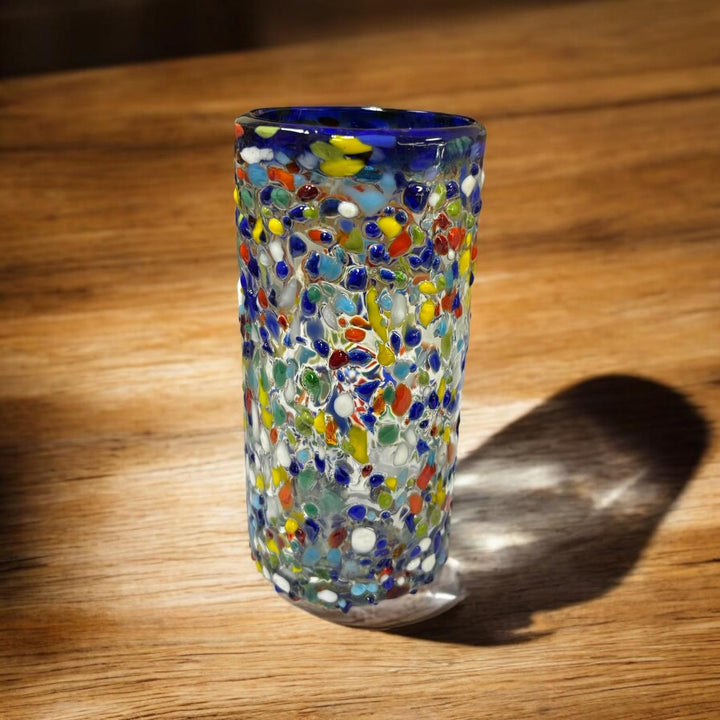 Hand Blown Mexican Colorful Pebble Blue Rim Large Tumbler Glass “Vaso Grande de Piedritas” (Set of 2)