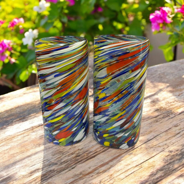 Hand Blown Mexican Colorful Rainbow Swirl Large Tumbler Glass “Vaso Grande de Arcoíris” – Assorted Quantities
