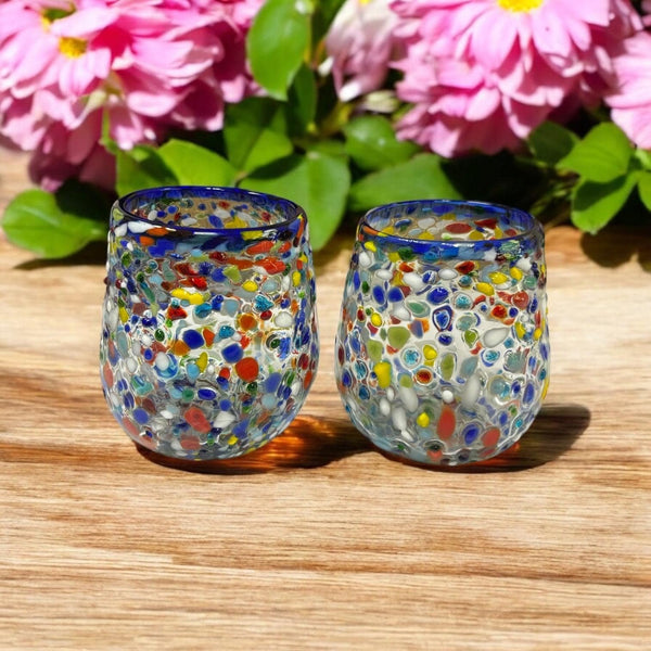 Hand Blown Mexican Colorful Pebble Blue Rim Wine Tumbler Glass “Vaso Vino de Piedritas” – Assorted Quantities