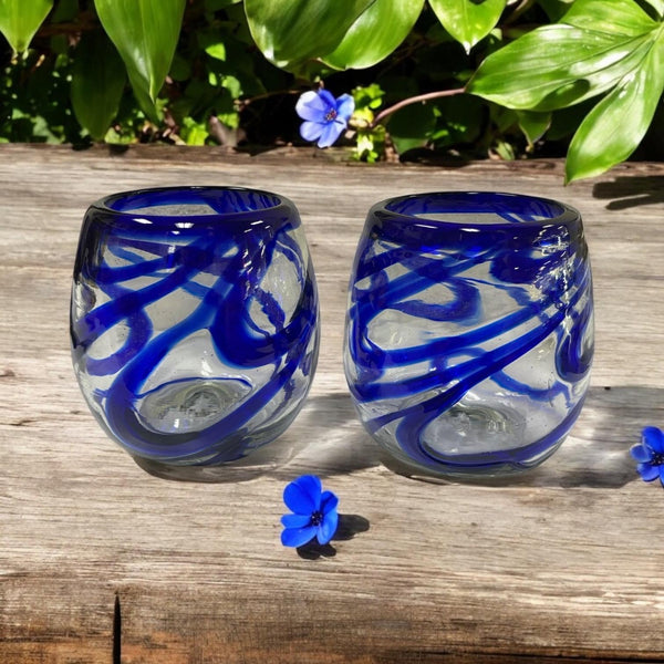 Hand Blown Mexican Blue Rim Blue Swirl Wine Tumbler Glass – Assorted Quantities