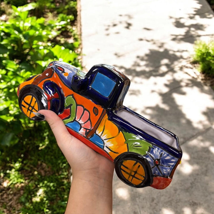 Rustic Hand Painted Mexican Talavera Truck Planter Pot – Assorted Colors (Varying Design)