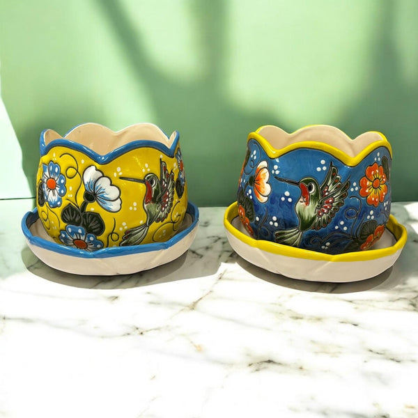 Hand Painted Hummingbird Talavera Tulip Planter Pot with Saucer Plate – Assorted Colors