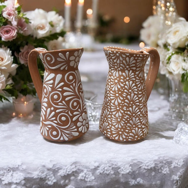 Handpainted Mexican Talavera Brown & White Small Pitcher